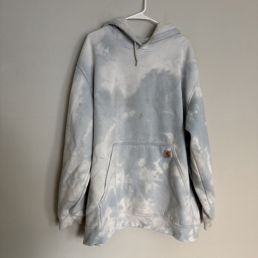 Carhartt Loose Fit Tie Dye Hoodie Blue White‎ Sleeve Logo 3XL Heavyweight